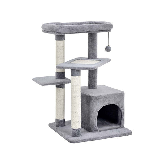 Arbre À Chat 85 CM Avec Condo Et Poteaux En Sisal Tour À Chat À 4 Niveaux Avec Balle Suspendue Et Perchoir Gris